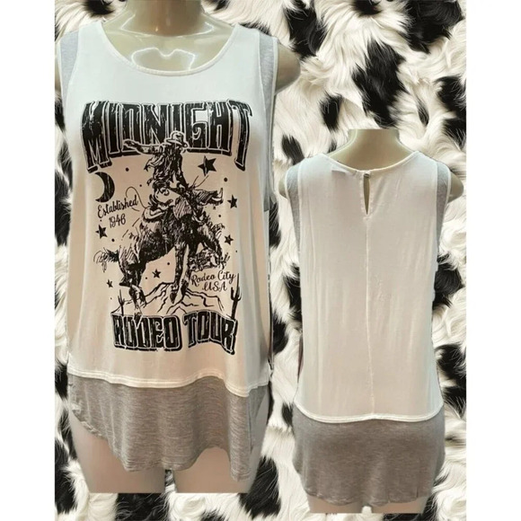 Rock & Roll Cowgirl XL Gray Rodeo Graphic Mesh Inset Curved Hem Sleeveless Top - Picture 1 of 6